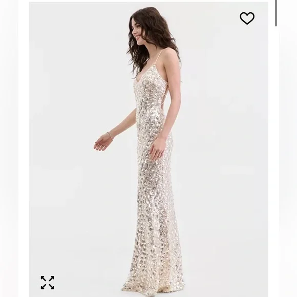 NWT!! Sparkling Sequin Spaghetti-Strap Prom Dress in Champagne - Picture 4 of 7